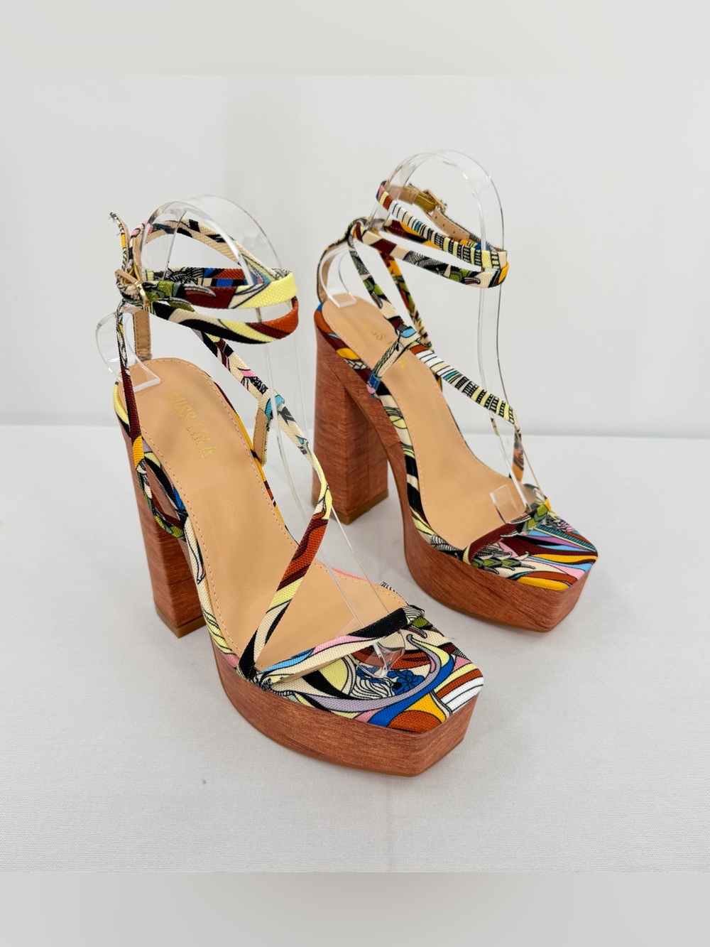 Resort Platform faux wood Block Heel Sandals Multicolor Vacation Heels 6.5 - Picture 6 of 13